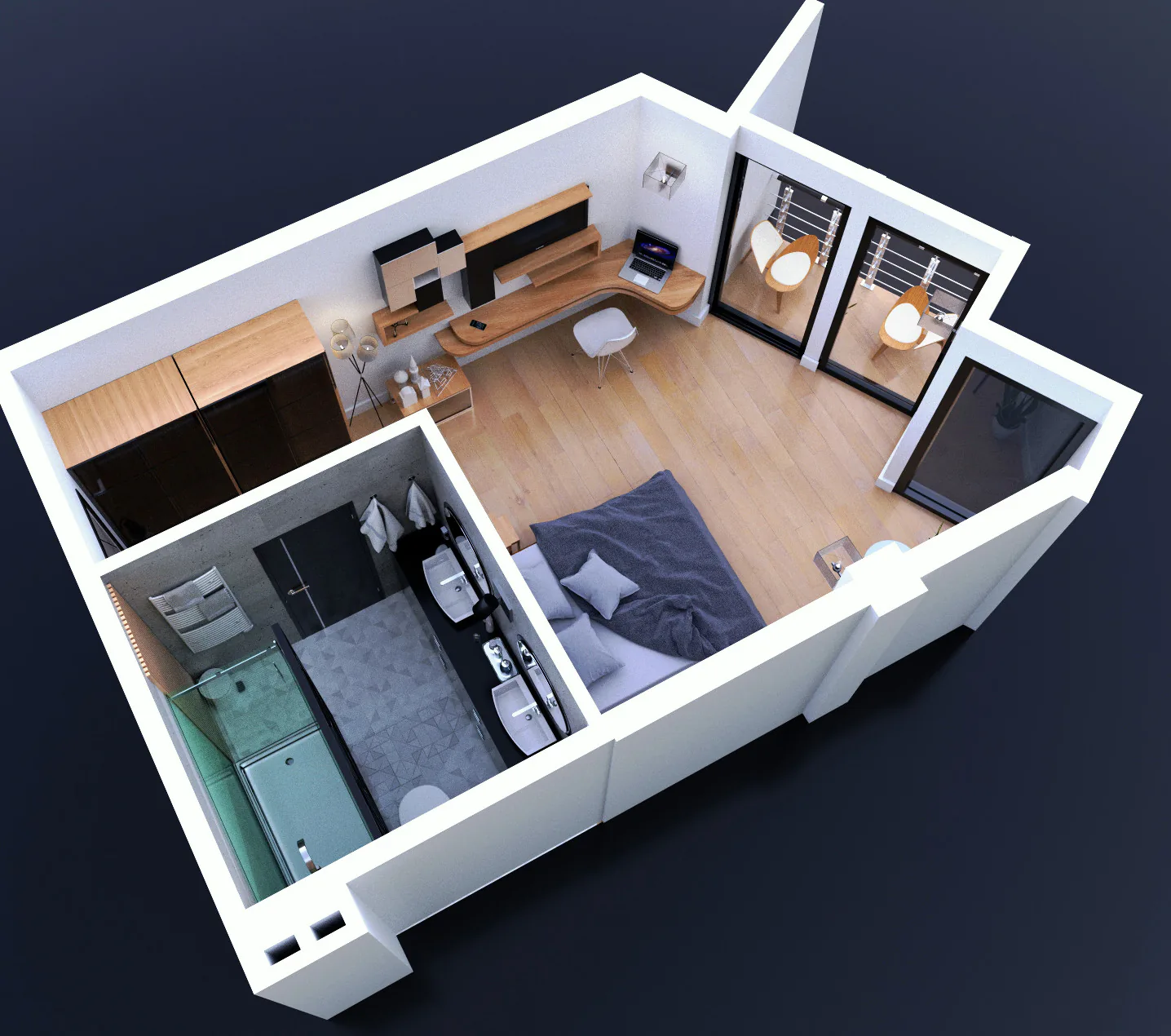 A modern, bright compact living room featuring multifunctional furniture and vertical storage, illustrating design tips for maximizing small spaces.