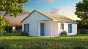 3D architectural exterior rendering of an ADU tiny home corner, illuminated by morning light, with grass, a tree, and a serene backyard setting.