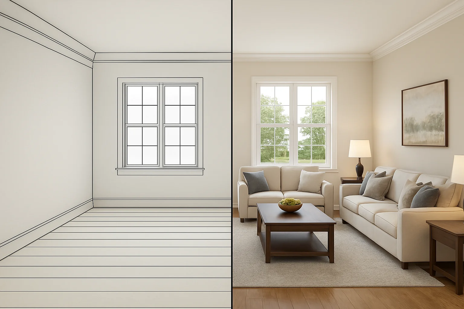 Before and after 3D home rendering example for Austin home