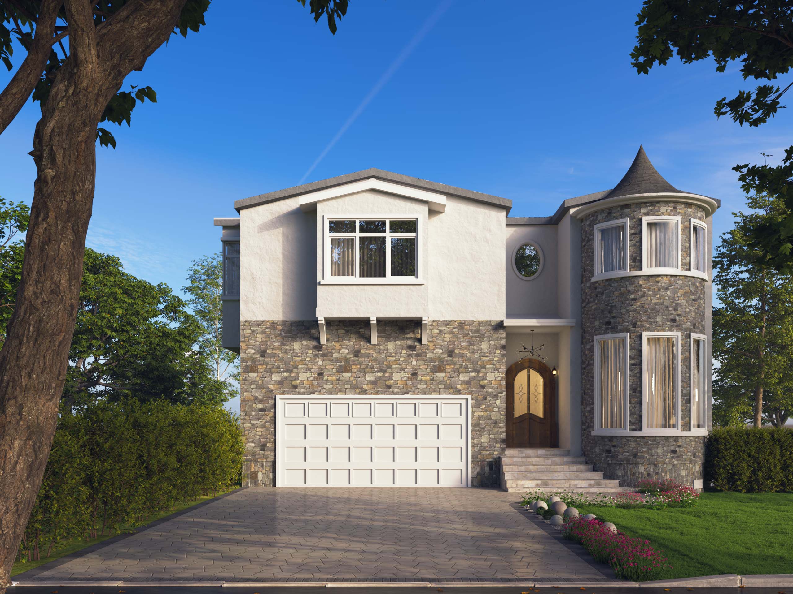 Architectural 3D rendering of a modern house showcasing photorealistic quality and details, used to illustrate 3D rendering price options