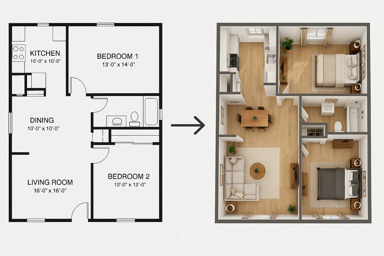 Before and after comparison of 2D house plans vs 3D rendering