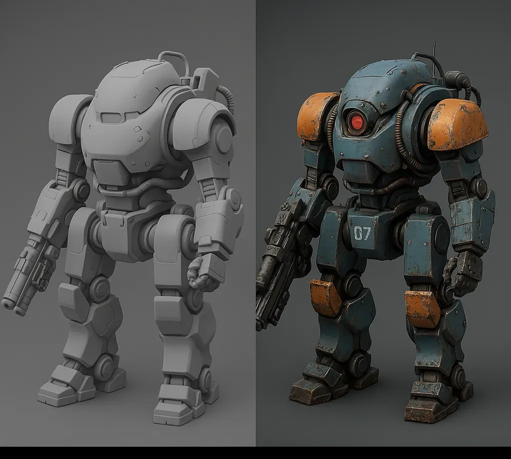 Side-by-side comparison of a clay render and final 3D render of a robot, showing the modeling and texturing process for a 3D artist portfolio.