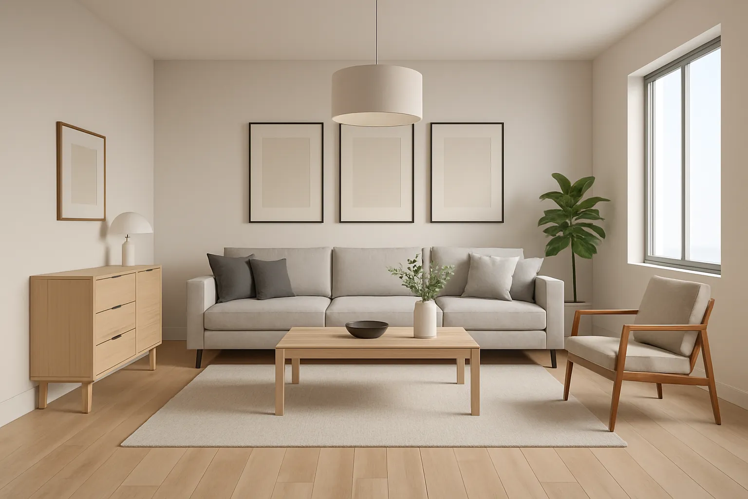 A 3D interior view showing a fully furnished room with realistic lighting and layout