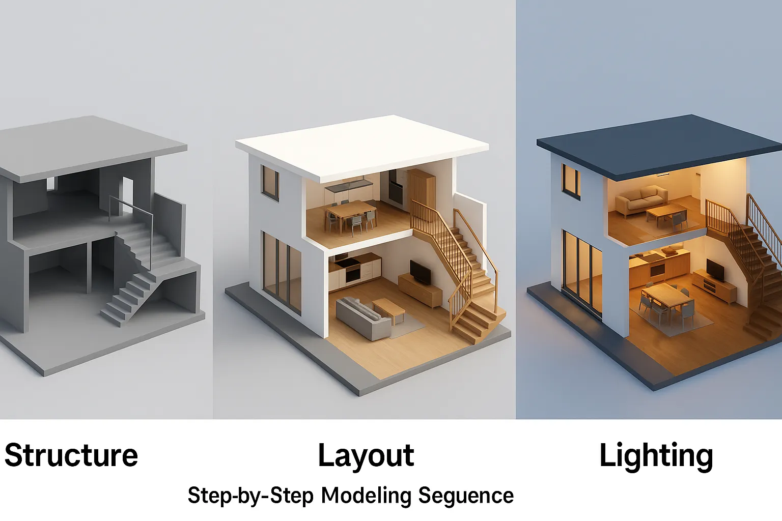 Sequence showing a 3D model from basic structure, to full layout, to realistic lighting demonstrating 3D modeling for architects and the process of converting 2D floor plans to 3D models.