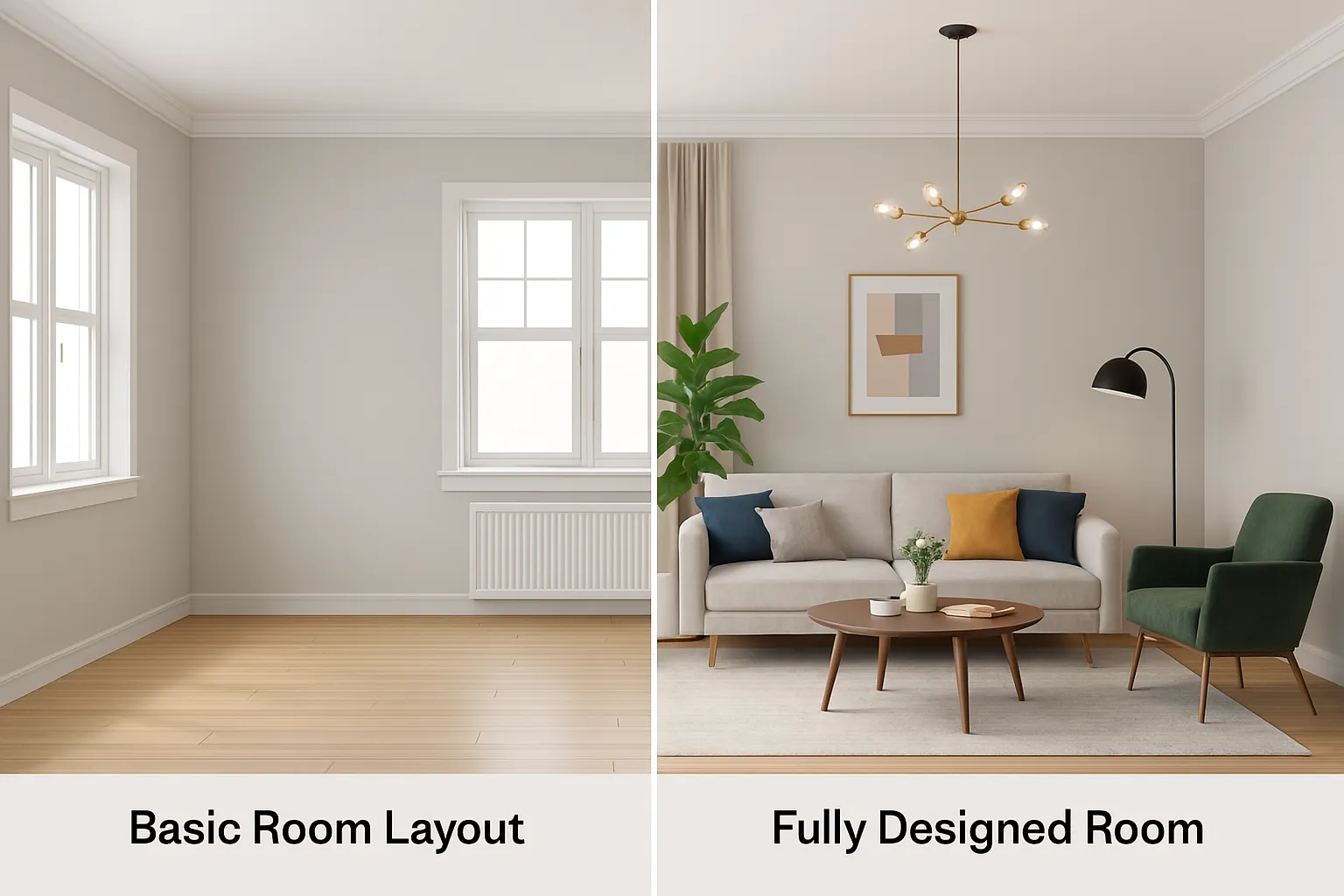 Side-by-side image showing a basic empty room layout next to a fully designed living room using a 3D interior design app.