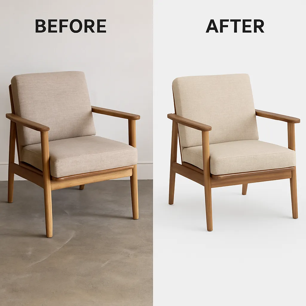 Before and after showing real photo vs 3D furniture rendering