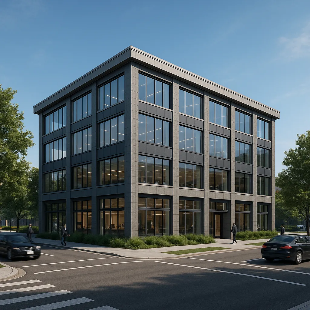 Photorealistic 3D renderings of a modern commercial office building