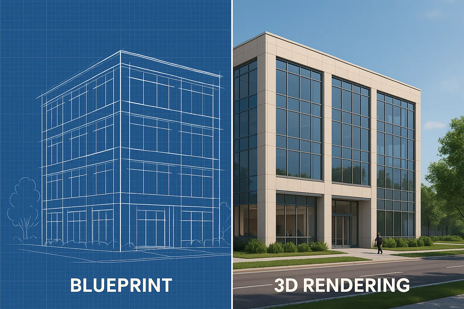 Comparison of commercial building blueprint and 3D commercial renderings