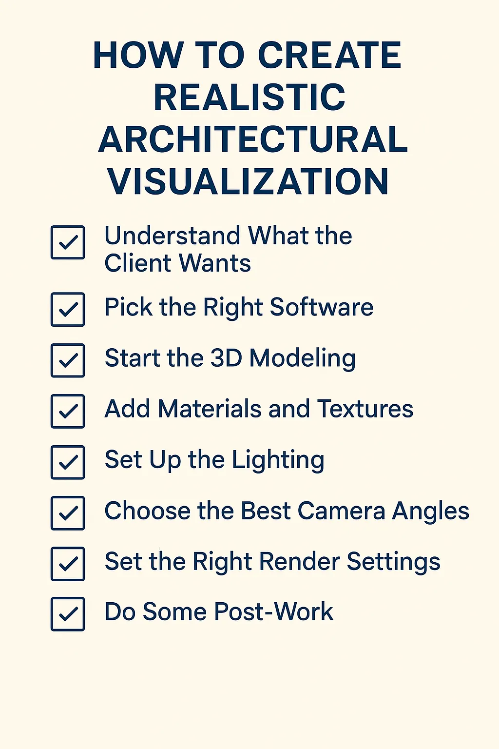 Infographic checklist showing steps to create realistic architectural visualization including modeling, lighting, rendering, and post-work.