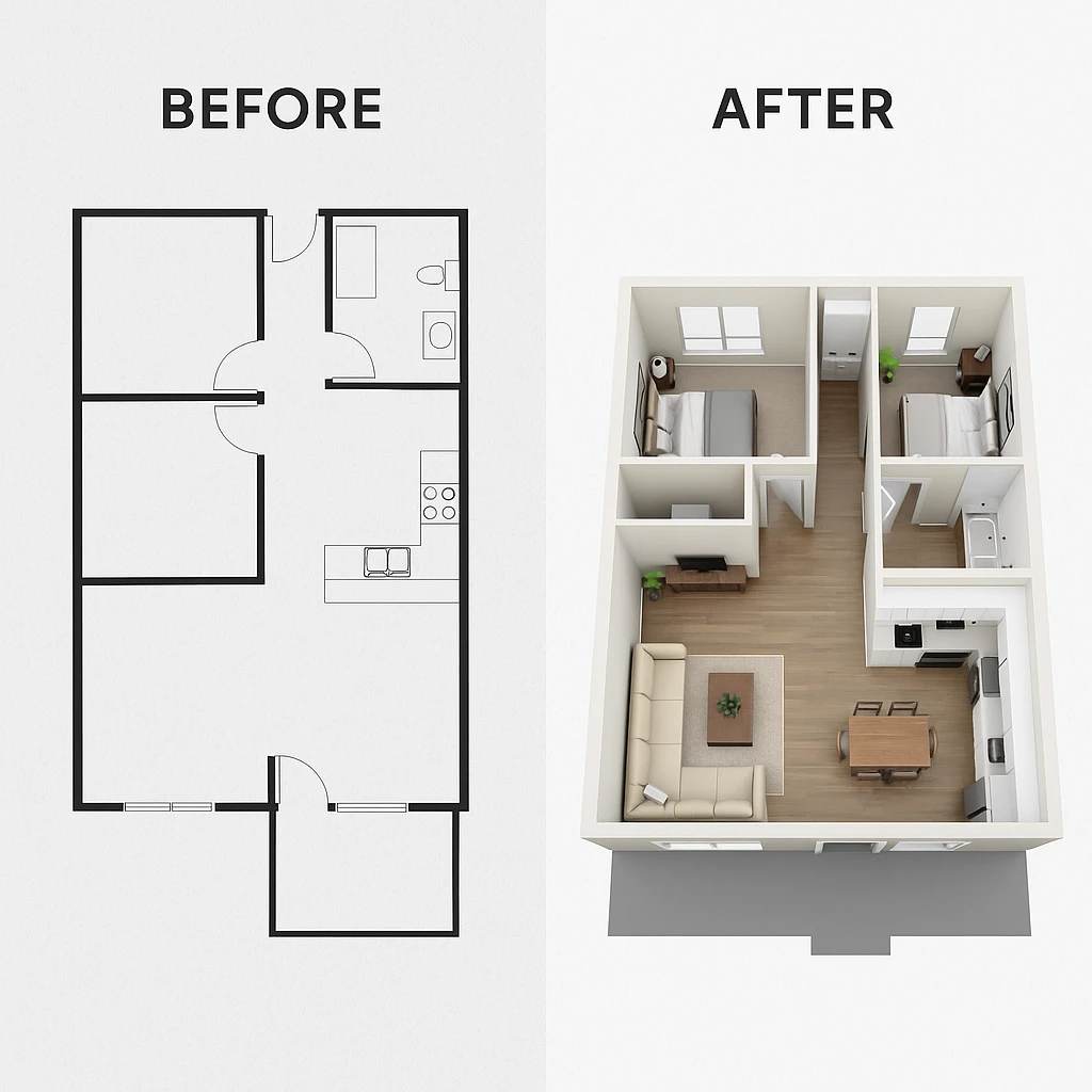 before and after of 2D floor plan and 3D home rendering