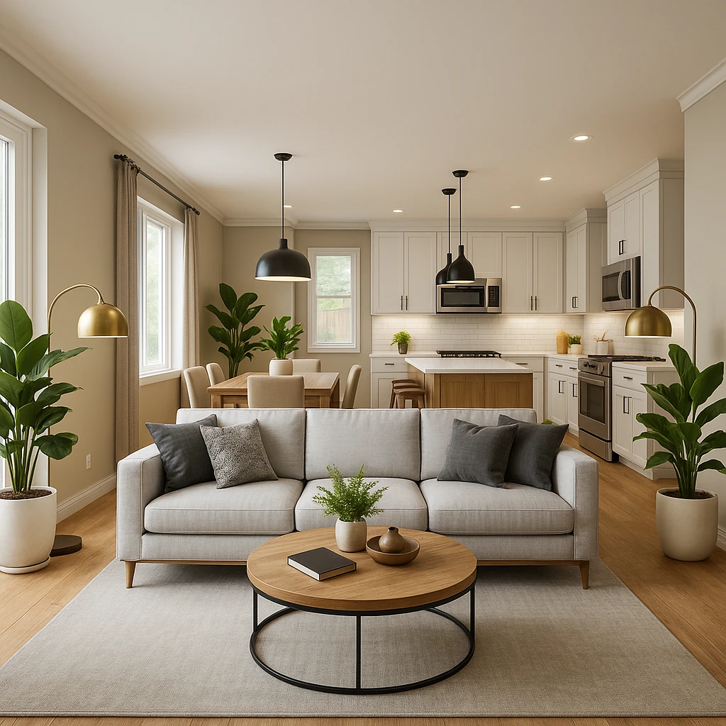 3D interior architectural rendering showing kitchen and living room layout