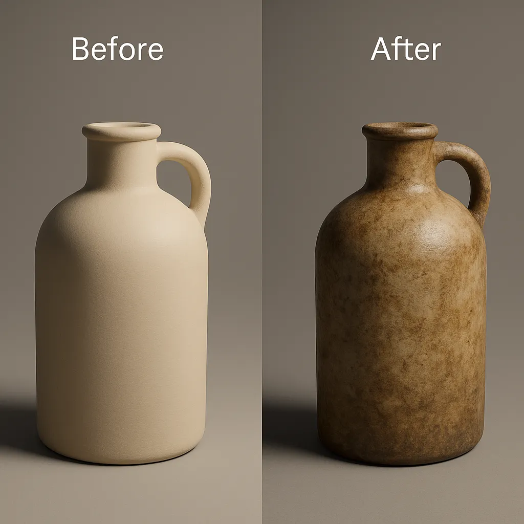 Before and after comparison showing flat vs hyper-realistic 3D textures on a model.