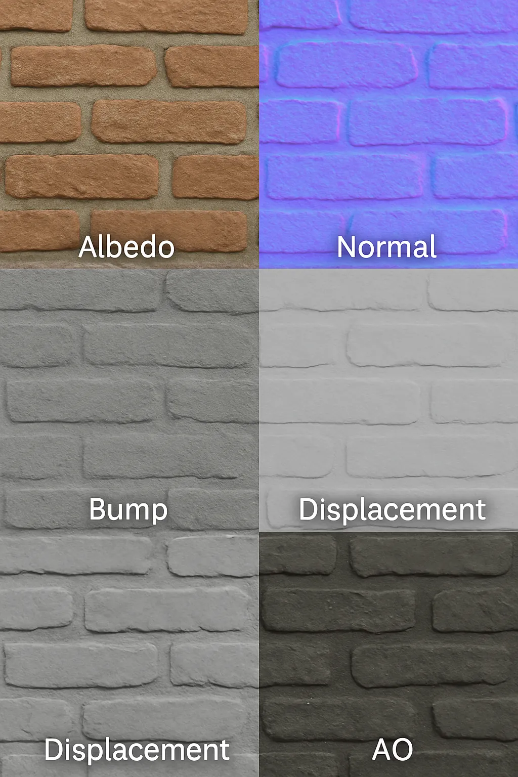Set of texture maps used to create hyper-realistic 3D surfaces including normal, roughness, and displacement.