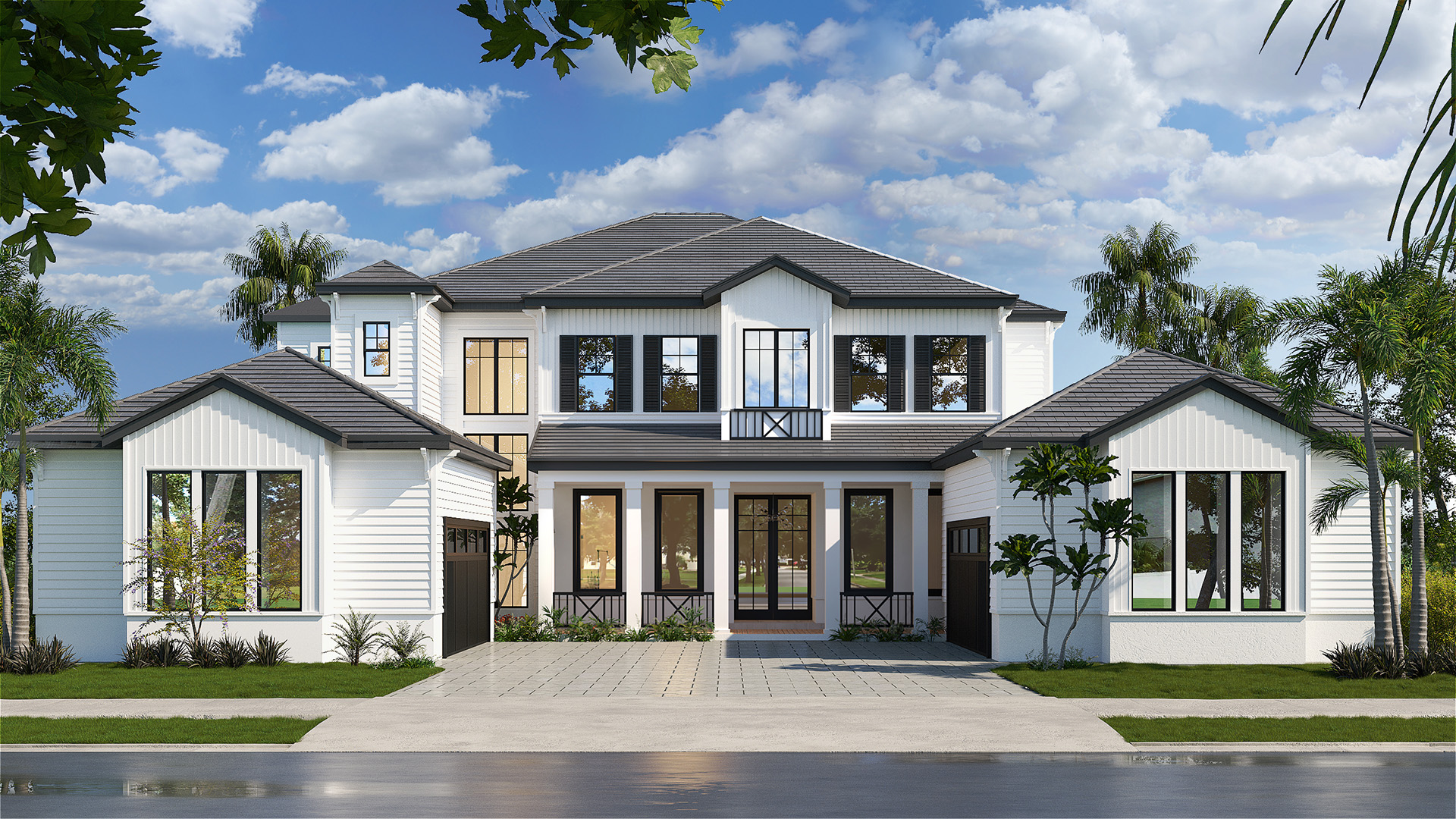 Photorealistic 3D architectural rendering of a modern home exterior created by SolidRender