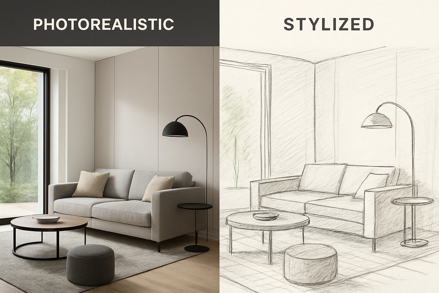 Side-by-side comparison of a modern living room using photorealistic rendering on the left and a stylized sketch rendering on the right for architectural visualization styles.