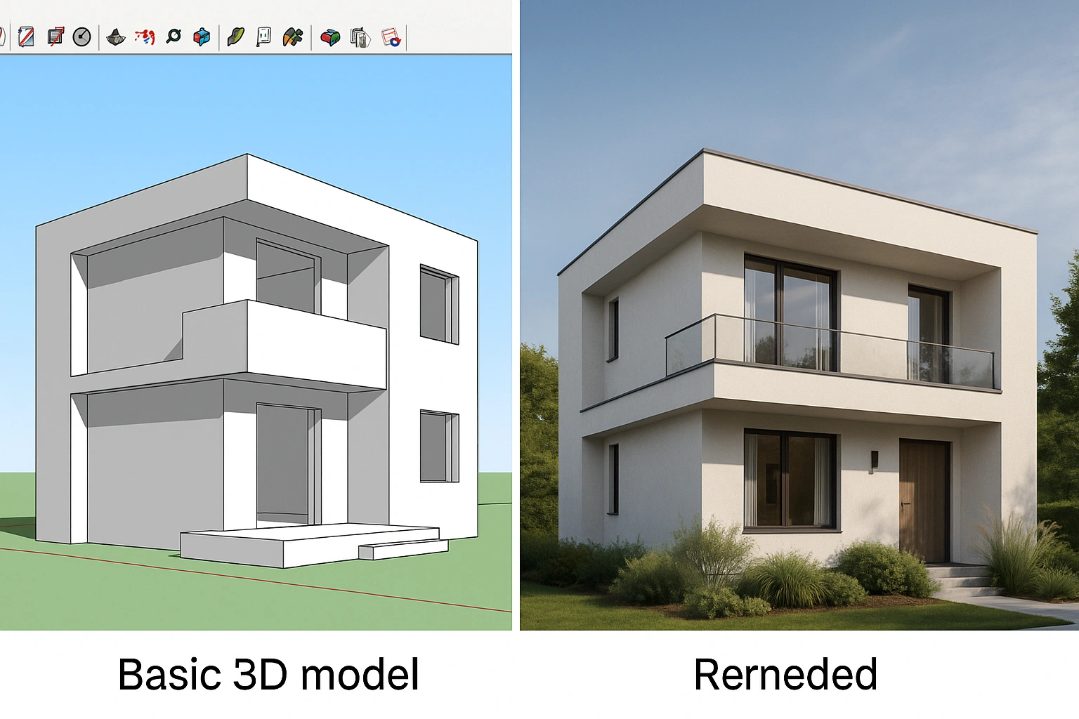Before and after using V-Ray for architectural rendering.