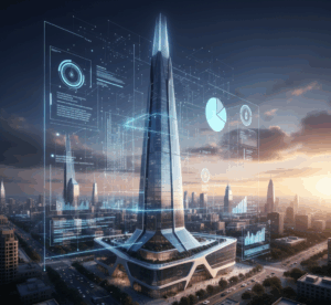 High-tech digital twin architecture skyscraper with glowing data overlays, representing smart building technology and architectural visualization.